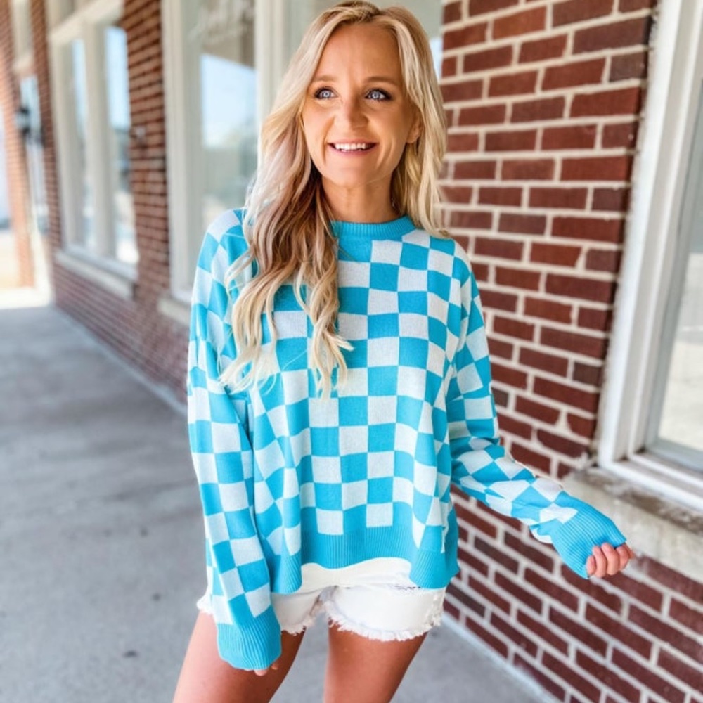 Entro Blue Checkered Crew Neck Sweater
